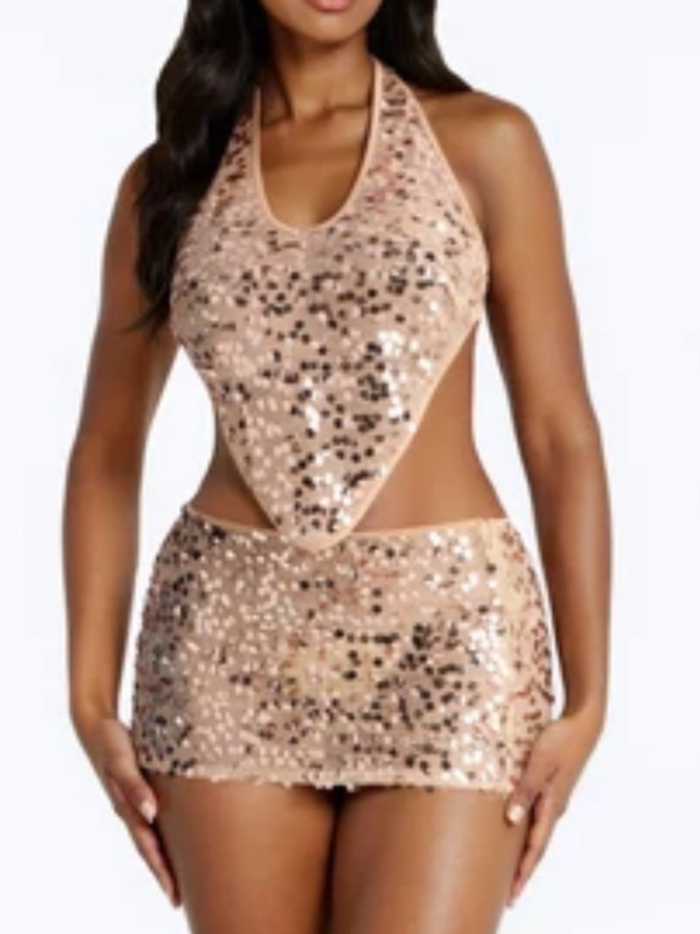 Fashion Nova Sequin Halter Rose Gold 2 piece